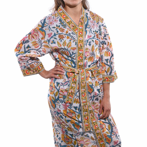 Bath Robe- Unisex - 100% Cotton - Gold Floral Design - Indigo Antiques