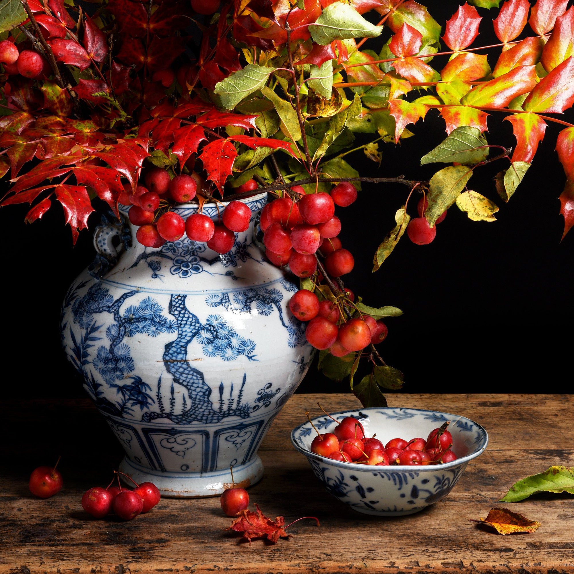 Autumn Style & Crab Apples Reproduction Chinese Blue & White WIne Jar Vase - Cherry Tree Design | Indigo Antiques