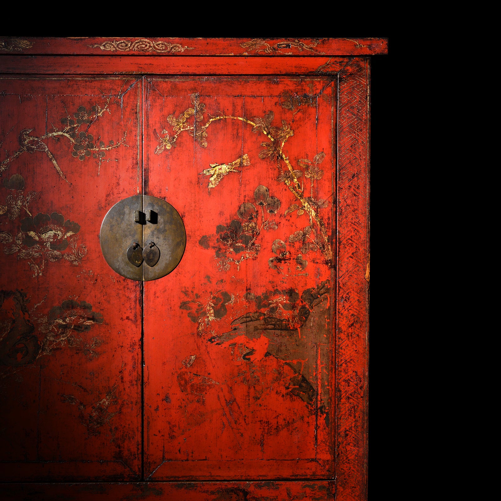 Antique Red Lacquer Wedding Cabinet With Gilt Birds